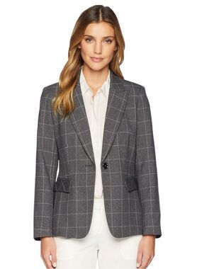 Tahari ASL Grey/White Windowpane One Button Blazer Jacket (10)